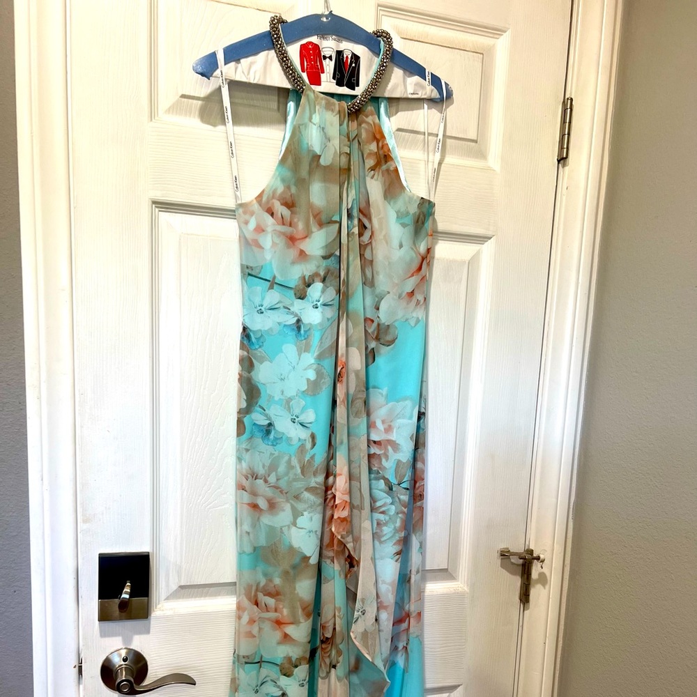 CALVIN KLIEN Beaded Halter Floral Chiffon dress